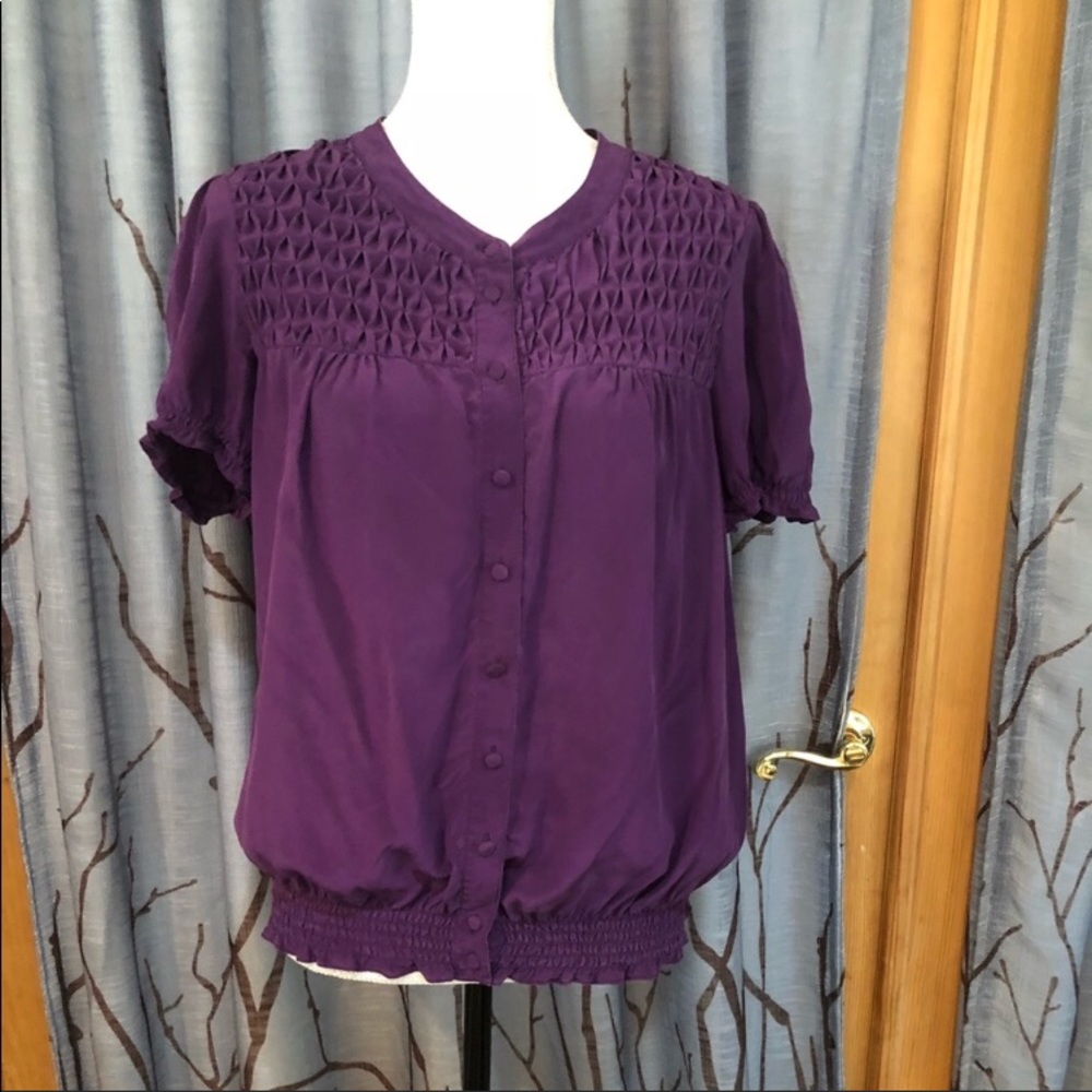 Joie M 100% silk eggplant purple top short sleeve